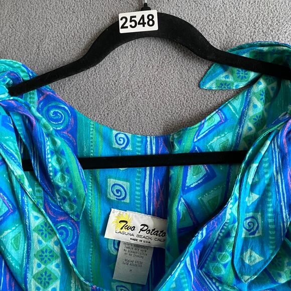 Vtg 80s 90s Two Potato Blue Artsy Midi Tiered Tie Shoulder Dress M Resort Wear - Picture 16 of 16